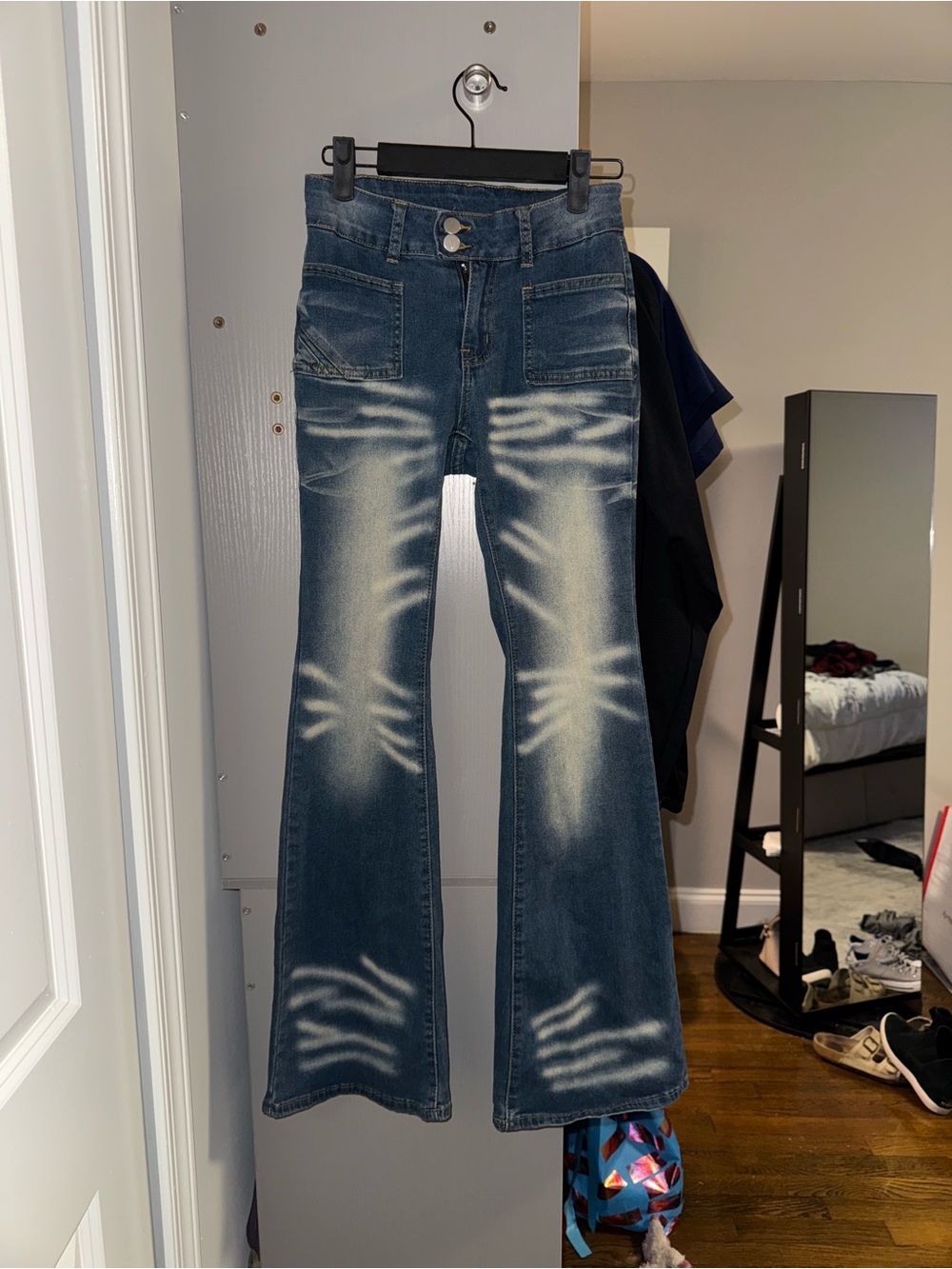 SHEIN Distressed Mid-Rise Blue Flare Jeans